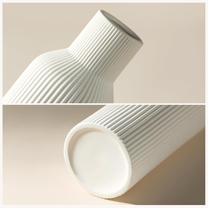 White Ceramic Vases Set of 3 - Modern Matte Ribbed Vases for Pampas Grass & Dried Flowers - Minimalist Decorative Centerpieces for Living Room, Shelf, Entryway & Wedding (Not for Water)