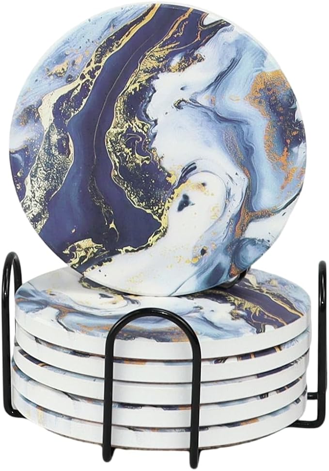 Ceramic Drink Coasters Set of 6 with Holder, Modern Marble Absorbent Ceramic Coasters, Round Ceramic Table Coasters for Home Decor Coffee Kitchen (4 Inches), Sea Blue