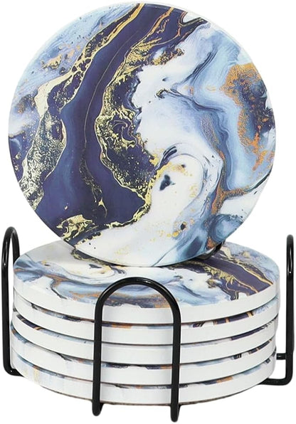 Ceramic Drink Coasters Set of 6 with Holder, Modern Marble Absorbent Ceramic Coasters, Round Ceramic Table Coasters for Home Decor Coffee Kitchen (4 Inches), Sea Blue