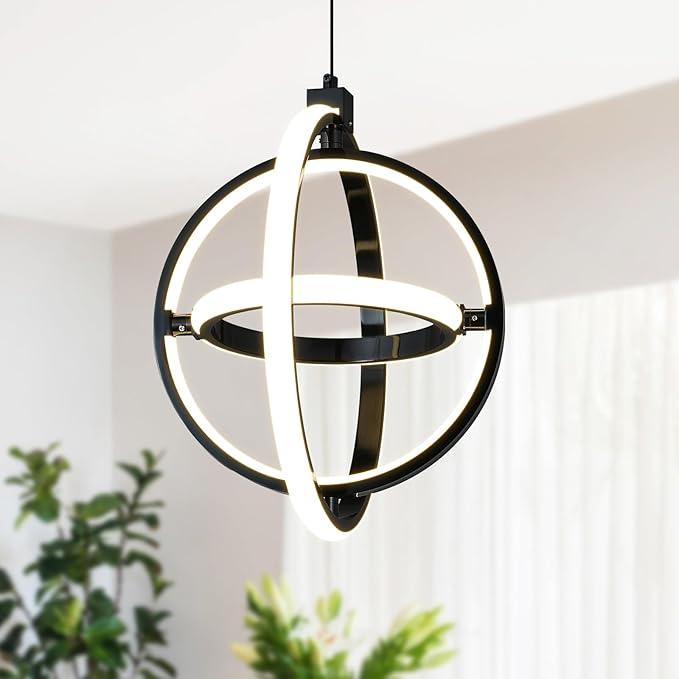 Modern LED Pendant Light Black Pendant Lights 4000K Dimmable External Glow Height Adjustable Pendant Lighting for Kitchen Island Dining Room Bedroom Living Room Foyer（3-Ring）