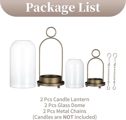 Sziqiqi Hurricane Candle Holder Lanterns: Pillar Candle Holders Set of 2 for Outdoor - Antique Brass Metal Candleholder with Glass Dome for Living Room Table Centerpiece