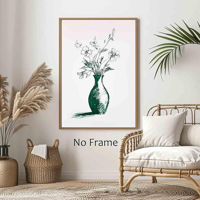Vintage Floral Wall Art Flower Sketch Abstract Flower Picture Flowers In A Vase Wall Art Engrave Line Canvas Neutral Sketch Minimalist Mid Century Painting Living Room Decor 16x24inch No Frame