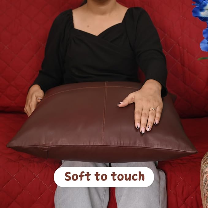Lambskin Leather Pillow Cover - Sofa Cushion Case - Decorative Throw Covers for Living Room & Bedroom, 14x14 Inches - Dark Brown Plain Pack of 1