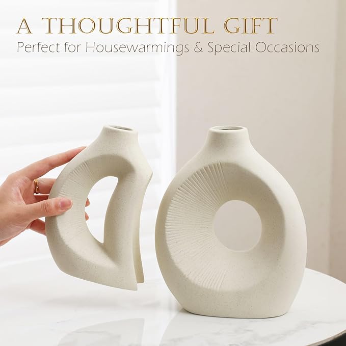 Ceramic Vase Set of 2 - Handcrafted Ceramic Vases for Home Decor & Shelf - Modern Farmhouse Decor for Kitchen, Office, Bedroom & Living Room Decorative Objects for Mantel, Table Centerpieces