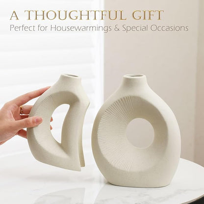 Ceramic Vase Set of 2 - Handcrafted Ceramic Vases for Home Decor & Shelf - Modern Farmhouse Decor for Kitchen, Office, Bedroom & Living Room Decorative Objects for Mantel, Table Centerpieces