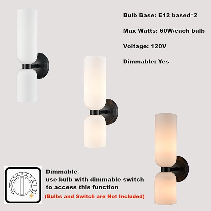Black Wall Sconces Set of Two 2-Light Modern Wall Light Bathroom Vanity Light,Milky White Glass
