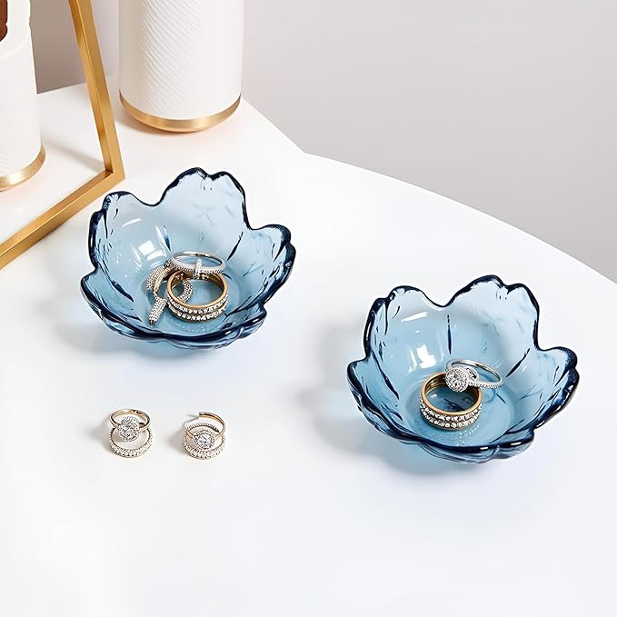 Crystal Blue Flower Ring Dish Jewelry Tray, Decorative Glass Trinket Dish, Modern Accent Tray for Vanity