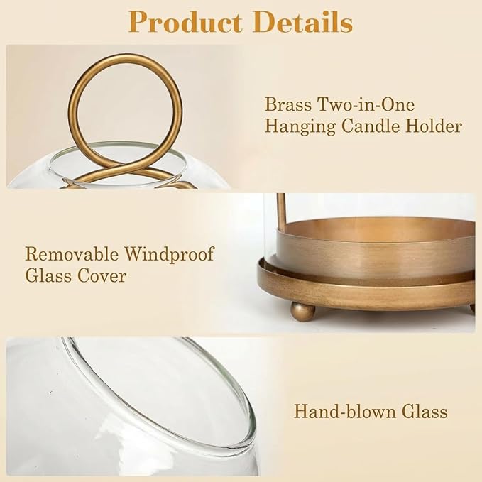 Hurricane Glass Candle Holders Set (5.1"×11.2" & 4.3"×7.7"), Metal Candle Holder with Hook Chains, Handmade Cloche Glass Dome & Antique Brass Candle Holder, for Pillar Candles, Floral Arrangements