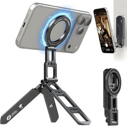 Dual Magnetic Phone Tripod Foldable Double Magnet Mount Pocket Cell Phone Stand for iPhone 16/15/14/13/12 Plus Max for Ipad Travel Gym Magnetic Tripod [US Patent Registered]