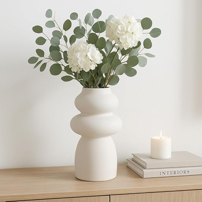 Ceramic Vase for Stylish Home Decor – Elegant Flower Vase for Any House, Bedroom, Office, Living Room, and Tabletop Decor – Timeless and Charming Room Accent Piece – 12", Ivory