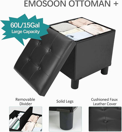 18 Inches Cube Storage Ottoman, Faux Leather Collapsible Square Folding Ottoman Furniture with Storage for Living Room Bedroom, Foot Rest Foot Stool with Legs, Black 18x18x18 Inches