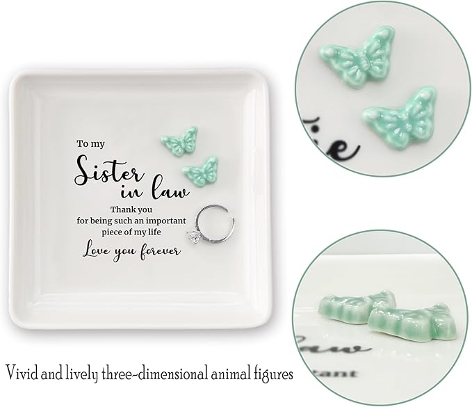 HOME SMILE Sister in Law Christmas Gift-Butterfly Ring Dish Jewelry Tray-Wedding Birthday Thanksgiving Gifts for Siter in Law-Thank You for Being Such An Important Piece