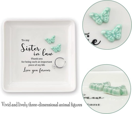 HOME SMILE Sister in Law Christmas Gift-Butterfly Ring Dish Jewelry Tray-Wedding Birthday Thanksgiving Gifts for Siter in Law-Thank You for Being Such An Important Piece