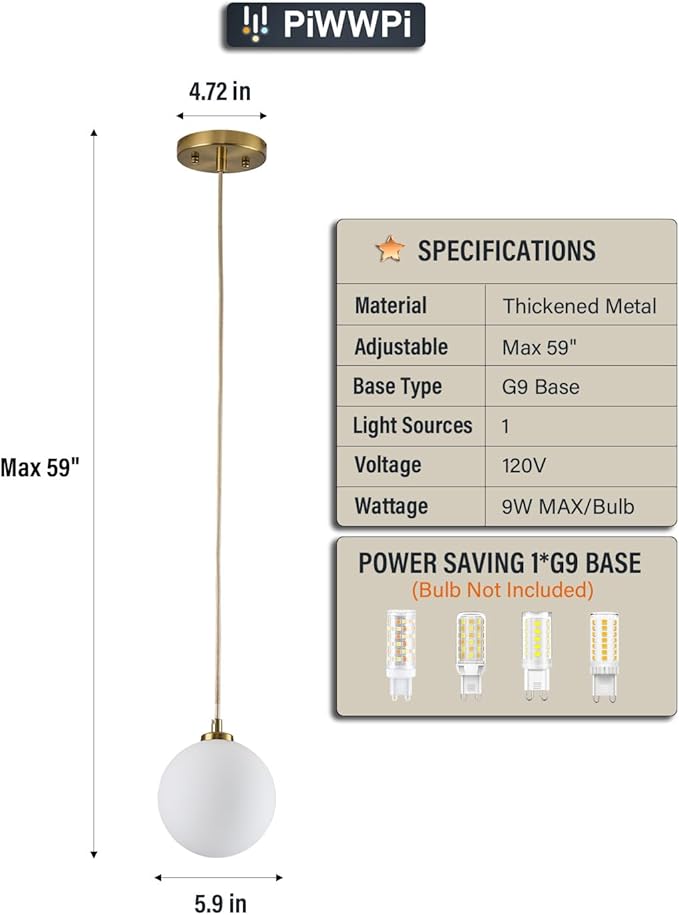 Mid Century Modern Chandelier, 1- Light Globe Glass Ceiling Hanging Chandelier, Glod Pendant Light, White Spherical Blackout Bedside Lamp for Bedroom, Kitchen Island, Dining Room, Living Room