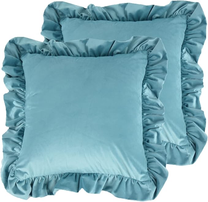 Velvet Ruffle Throw Pillow Covers Couch, Set of 2 Decorative Pillowcases with Ruffles 20x20 Inch Solid Color Shabby Chic Farmhouse Cushion Cover for Living Room Sofa Bed, Duck Egg Blue