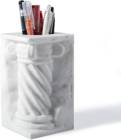 BCS Marble Pencil Pen Holder Stand for Desk, Luxury Makeup Brush Holders, Elegant Roman column Desk Pen Organizer, Unique Versatile Pencil Cup for Office, School, Home Decor - Mini Vase(White)