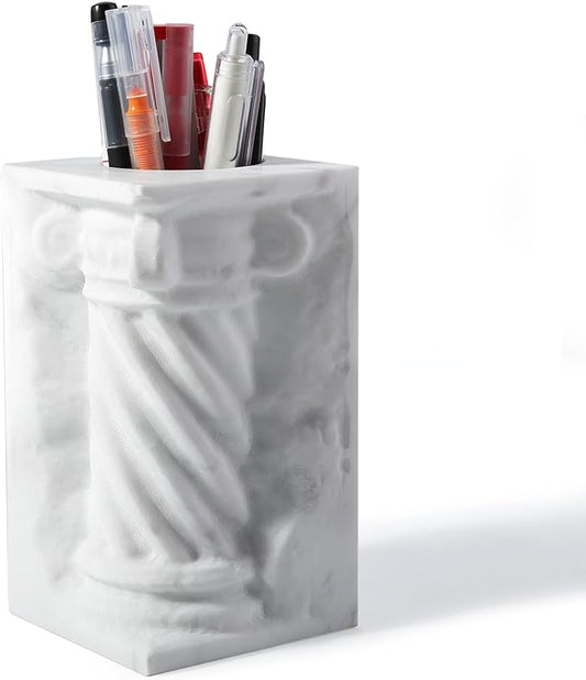 BCS Marble Pencil Pen Holder Stand for Desk, Luxury Makeup Brush Holders, Elegant Roman column Desk Pen Organizer, Unique Versatile Pencil Cup for Office, School, Home Decor - Mini Vase(White)