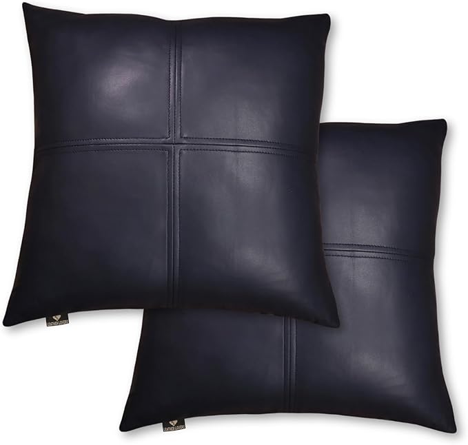 LL LEATHER LOVERS Lambskin Leather Pillow Cover, Hand Panel Stitched Leather Decorative Throw Pillow Covers for Couch Sofa Bed Living Room Garden (16x16 Inches, Gun Metal Blue Pack of 2)