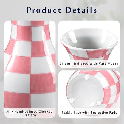 Pink and White Ceramic Vase, 11" Tall Pink Checkered Vase in Wide Mouth, Large Decorative Flower Vases for Decor Living Room, Table Centerpiece, Dining Room, Entryways, Wedding Decor, Porcelain Vase