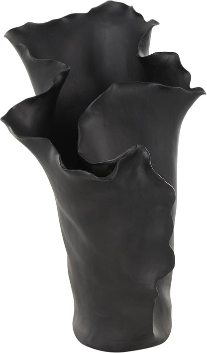 Deco 79 Ceramic Abstract Floral Inspired Vase with Wavy Folded Rim, 9" x 11" x 16", Black