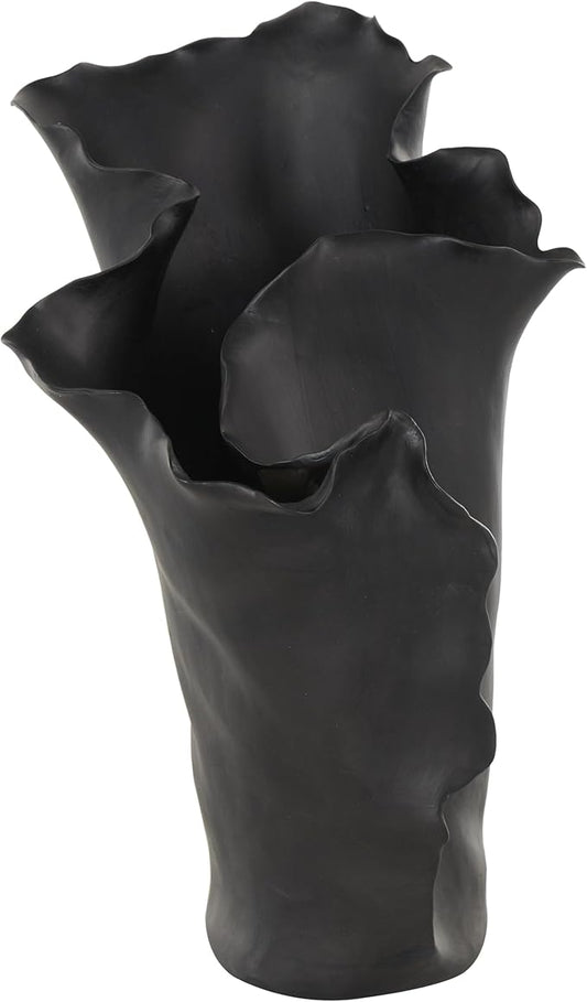 Deco 79 Ceramic Abstract Floral Inspired Vase with Wavy Folded Rim, 9" x 11" x 16", Black