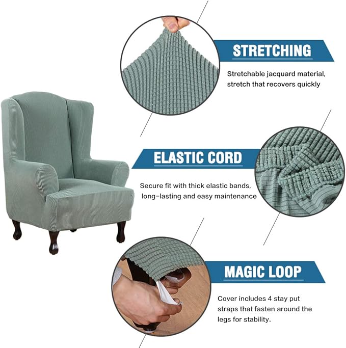 H.VERSAILTEX Wing Chair Slipcover Chair Covers for Wingback Chairs Wingback Chair Covers Slipcovers 1 Piece Stretch Sofa Cover Furniture Protector Soft Spandex Jacquard Checked Pattern, Sage