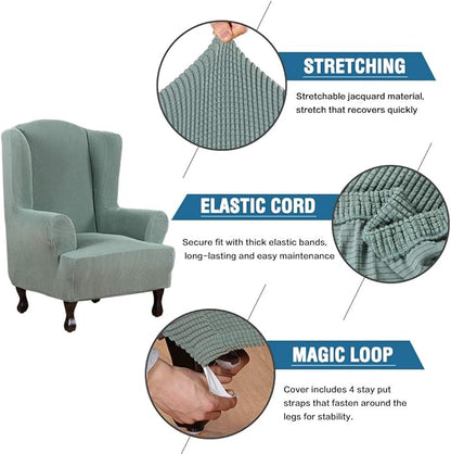 H.VERSAILTEX Wing Chair Slipcover Chair Covers for Wingback Chairs Wingback Chair Covers Slipcovers 1 Piece Stretch Sofa Cover Furniture Protector Soft Spandex Jacquard Checked Pattern, Sage