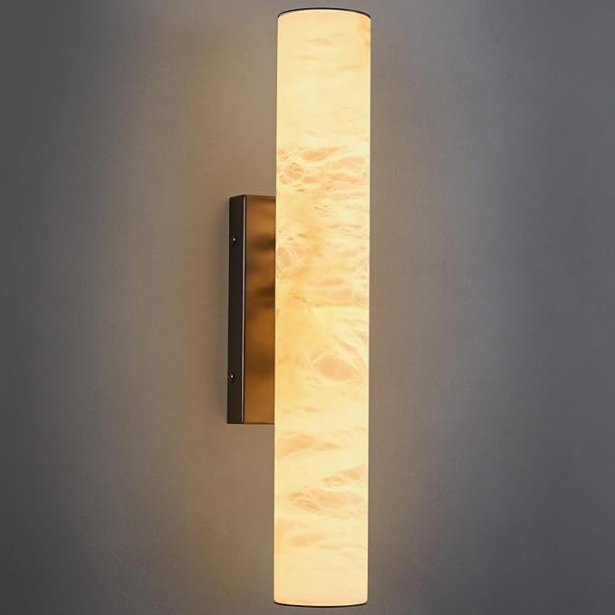 LMQNINE Natural Alabaster Wall Sconces Spanish Marble Wall Light Cylinder Modern Black LED Sconce for Living Room Bedroom Bathroom Stairs（S-1Pack）