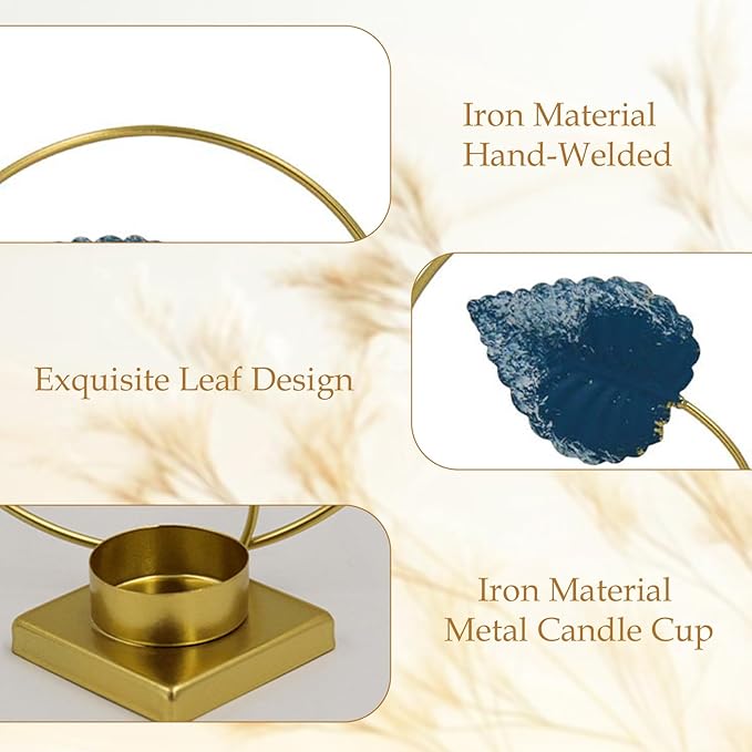 2-Pack Brass Floral Candle Holders – Elegant Leaf Design Tealight Holders for Table Centerpieces, Wedding, Housewarming & Holiday Décor (Blue Flower)
