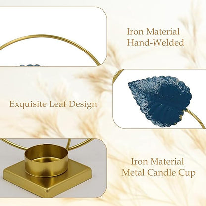 2-Pack Brass Floral Candle Holders – Elegant Leaf Design Tealight Holders for Table Centerpieces, Wedding, Housewarming & Holiday Décor (Blue Flower)