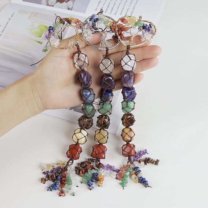 Anjiucc 7 Chakra Stone Healing Crystal Tree of Life Wall Hanging Home Interior Decoration，Window Decoration，Yoga Meditation