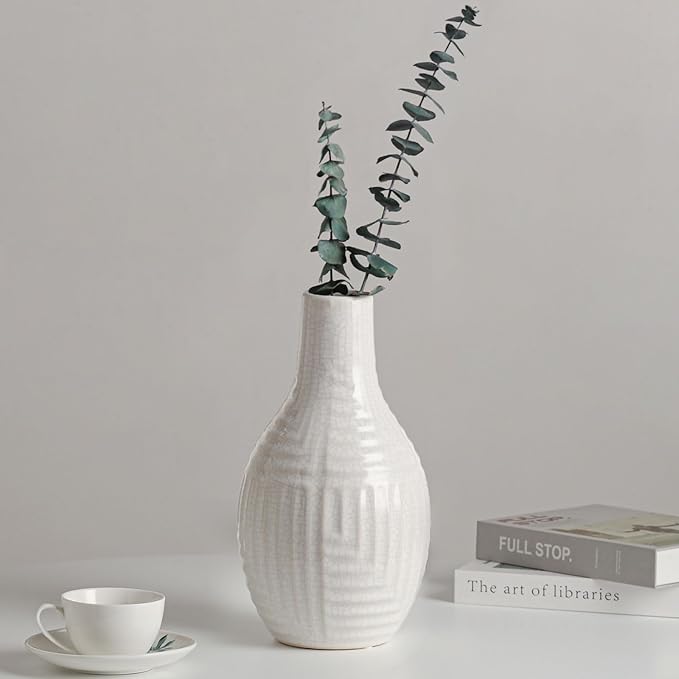 hjn Hand-Glazed White Ceramic Vase - 9.4" H Modern Decorative Centerpiece Vase for Fresh/Dried Flowers, Home Decor for Living Room Bookshelf Mantel | Wedding Housewarming Gift
