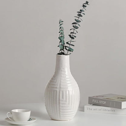 hjn Hand-Glazed White Ceramic Vase - 9.4" H Modern Decorative Centerpiece Vase for Fresh/Dried Flowers, Home Decor for Living Room Bookshelf Mantel | Wedding Housewarming Gift