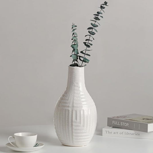 hjn Hand-Glazed White Ceramic Vase - 9.4" H Modern Decorative Centerpiece Vase for Fresh/Dried Flowers, Home Decor for Living Room Bookshelf Mantel | Wedding Housewarming Gift