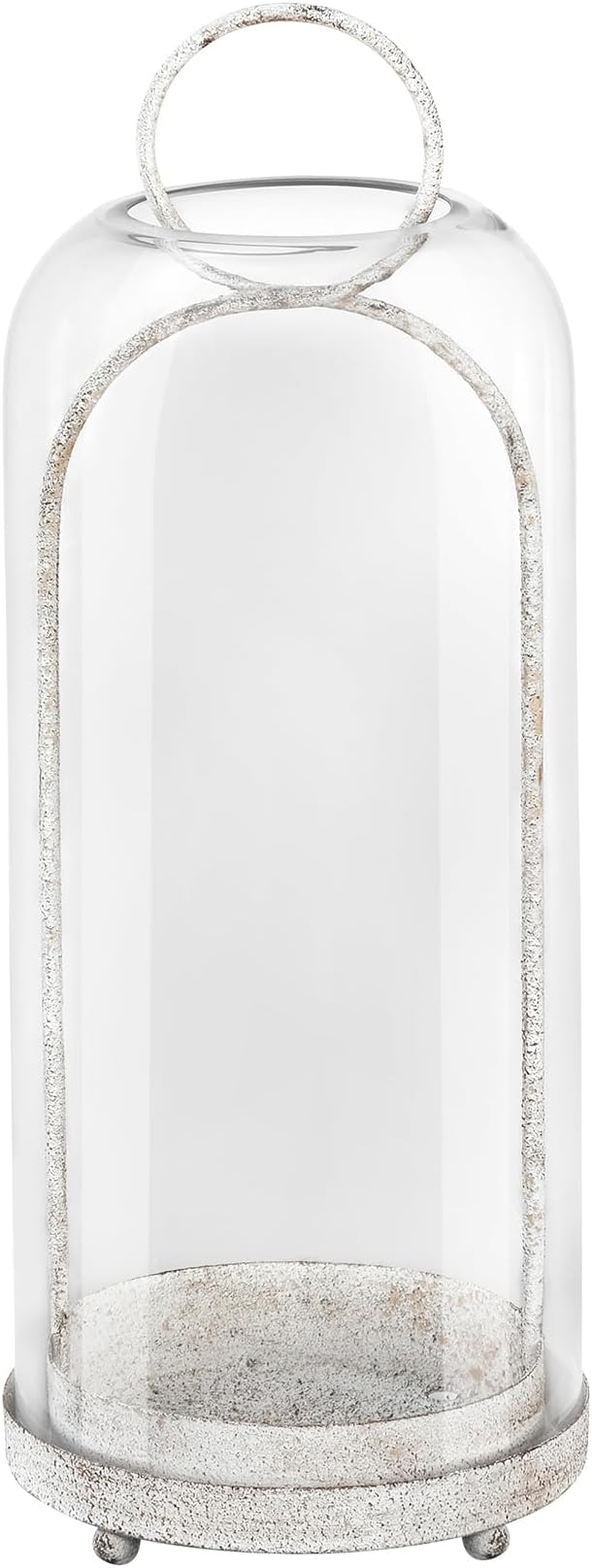 20" High Versatile Modern Metal Hurricane Lantern with Handmade Sturdy Glass Dome in Vintage White for Pillar Candle & Plants, Industrial, Farmhouse, Shabby Chic