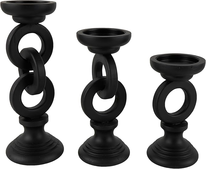 Deco 79 Wooden Decorative Candle Holder Chain Link Candle Stand, Set of 3 Candlestick Holder 13", 11", 9" H, Black