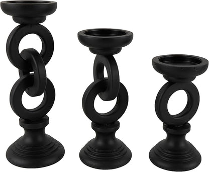 Deco 79 Wooden Decorative Candle Holder Chain Link Candle Stand, Set of 3 Candlestick Holder 13", 11", 9" H, Black