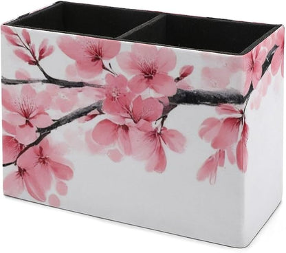 Fashion Desk Pen Holder PU Leather Desk Organize Decor, Makeup Brush Storage Branch Of A Flourishing Tree Cherry Flowers Blossoms Spring Theme Art