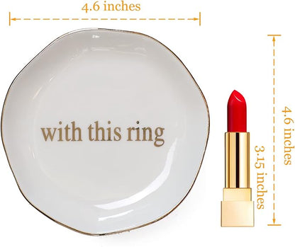 Engagement Wedding Ring Dish-With This Ring Jewelry Dish Tray-Gifts for Bride, Bride to be, Newlyweds, Ceramic White