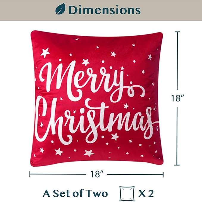 PAVILIA Holiday Throw Pillow Covers 18x18 Set of 2, Decorative Pillow Cases Bed Sofa Couch, Winter Accent Decor Cushion Bedroom Living Room, Velvet Square Euro Sham Covers, Merry Christmas Text Red
