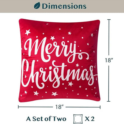 PAVILIA Holiday Throw Pillow Covers 18x18 Set of 2, Decorative Pillow Cases Bed Sofa Couch, Winter Accent Decor Cushion Bedroom Living Room, Velvet Square Euro Sham Covers, Merry Christmas Text Red