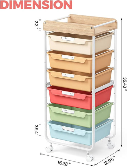 Rolling Storage Utility Cart with 6 Drawers,Art Supply Craft Organizer,Sewing Makeup Organizer and Storage,Office Organization Wooden Tabletop,Rainbow