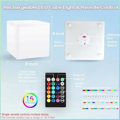 8-inch Waterproof LED Light Cube, USB Rechargeable Mood Light, 16 RGB Colors Changing Night Lights with Remote, Nursery Glow Kid Stool for Kids Room, Bedroom & Outdoor Decor