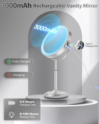 VFD 30X/1X Makeup Mirror with Lights, Height Adjustable Lighted Magnifying Vanity Mirror with 3 Lighting and Adjustable Brightness, 3000mAh Rechargeable Double Sided Switch for Desk Women Gift