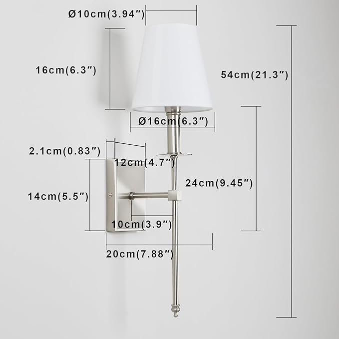 PERMO Set of 2 Classic Rustic Industrial Wall Sconce Lighting Fixture with Flared White Textile Lamp Shade and Brushed Tapered Column Stand, Hardwired, E26 Base
