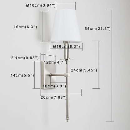 PERMO Set of 2 Classic Rustic Industrial Wall Sconce Lighting Fixture with Flared White Textile Lamp Shade and Brushed Tapered Column Stand, Hardwired, E26 Base