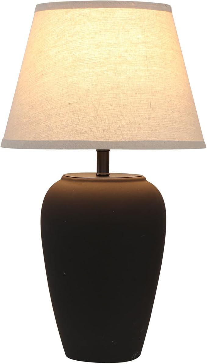 Ceramic Pot Table Lamp 21.25 inch Compact Frosted Nightstand Lamp, Tapered Fabric Shade Bedside, Ceramic Decorative for Living Room Bedroom House Office Entryway, TL3