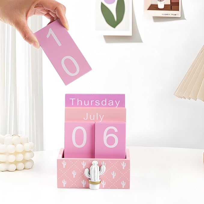 Notakia Perpetual Calendar Wooden Blocks Vintage Wood Block Calendar for Home Office Desk Accessories Week Month Date Display (Pink Calendar)