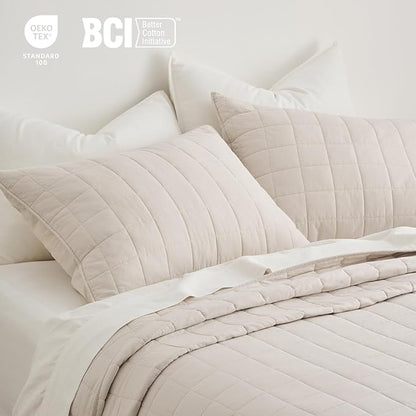 EVERGRACEHOME 100% Cotton Box Stitch Quilt Bedding Set Queen Size 3 Pieces, Garment-Washed Lightweight Soft Cozy Coverlet, Quilted Bedspread Sets with 2 Shams for All Season, Birch