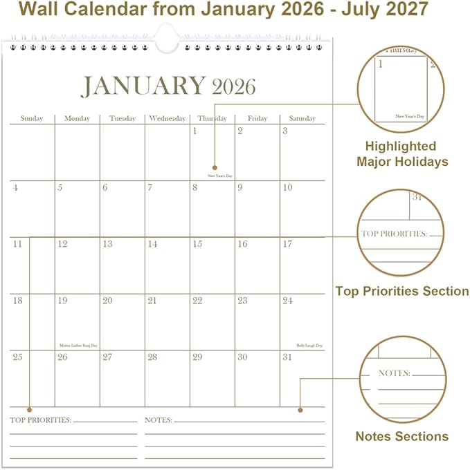 2026 Wall Calendar - 18 Months Calendar from January 2026 - June 2027, Calendar 2026 with Thick Paper, 8.5" x 11", Vertical Calendar, Golden